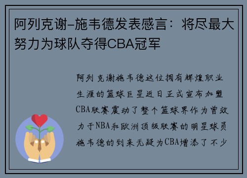 阿列克谢-施韦德发表感言：将尽最大努力为球队夺得CBA冠军